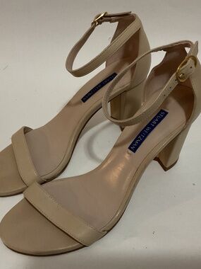 Women’s Stuart Weitzman Nearlynude Leather Ankle Strap Block Heel Sandals,Size 7